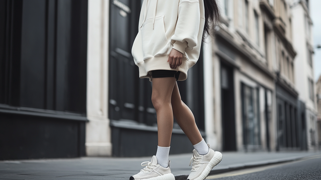 A casual streetwear look with biker shorts, an oversized hoodie, and chunky sneakers.