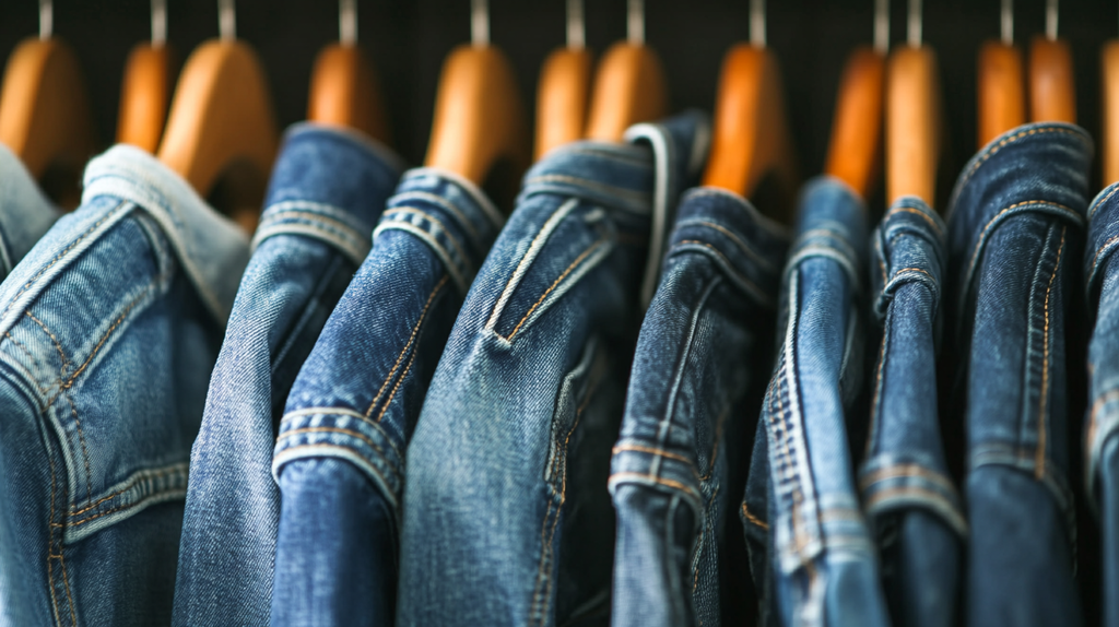 A row of denim jackets and jeans hanging on wooden hangers, showcasing different shades of blue denim, perfect for finding the best inexpensive jeans.