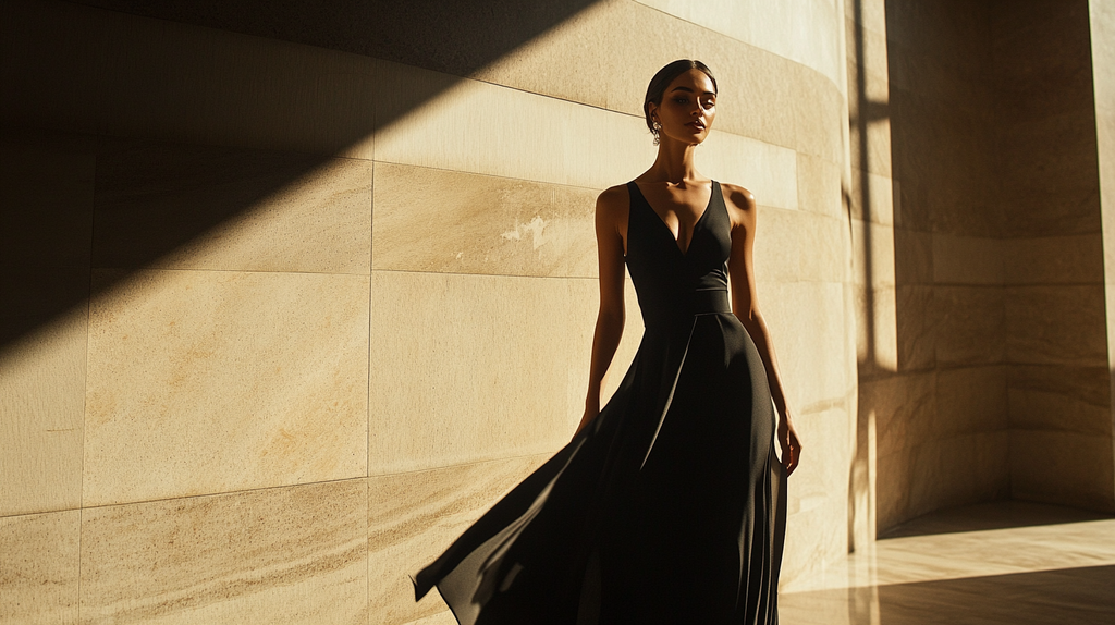 Elegant woman in a flowing black after 5 dress, standing in a sunlit modern architectural space, exuding sophistication and grace.