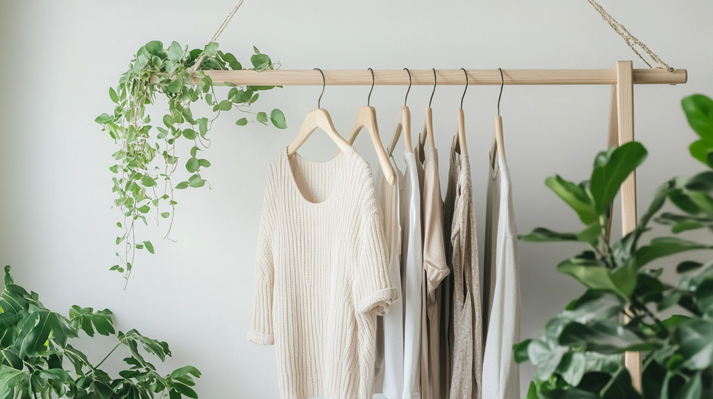 A minimalist wooden clothing rack with neutral-toned earth-friendly apparel, surrounded by lush green plants, creating a serene and sustainable fashion aesthetic.