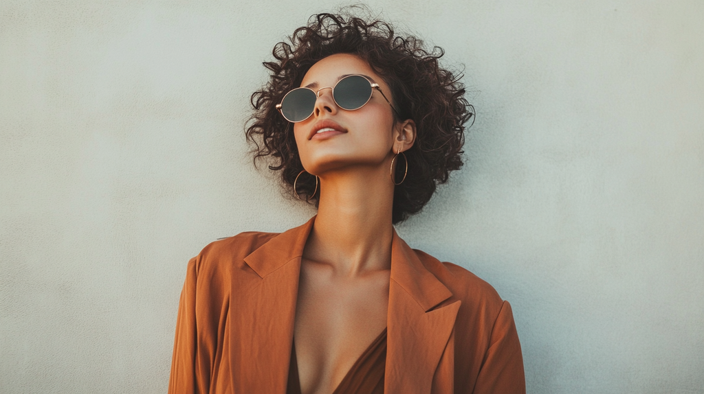 A stylish woman wearing a rust-colored sustainable blazer and round sunglasses, exuding confidence and effortless fashion against a neutral background, representing ethical and timeless style.