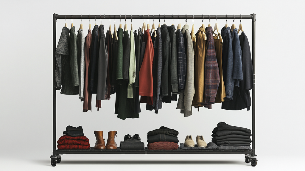A stylish rack of clothing with Black Friday apparel deals.