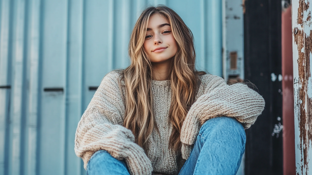 A stylish teen girl wearing a trendy back to school outfit, featuring an oversized sweater and jeans.