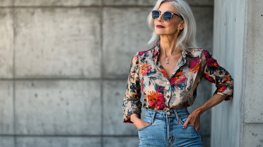 A stylish woman over 50 wearing high-waisted straight-leg jeans and a fitted blouse.