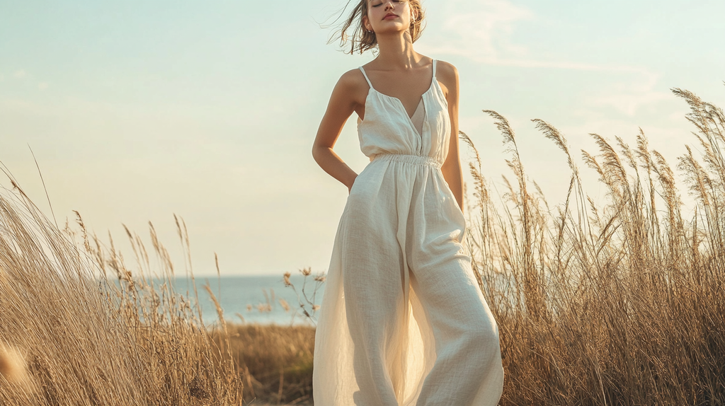 A woman wearing a breezy white two piece pants set, walking through a golden field near the beach, capturing the essence of effortless summer style.