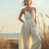 A woman wearing a breezy white two piece pants set, walking through a golden field near the beach, capturing the essence of effortless summer style.