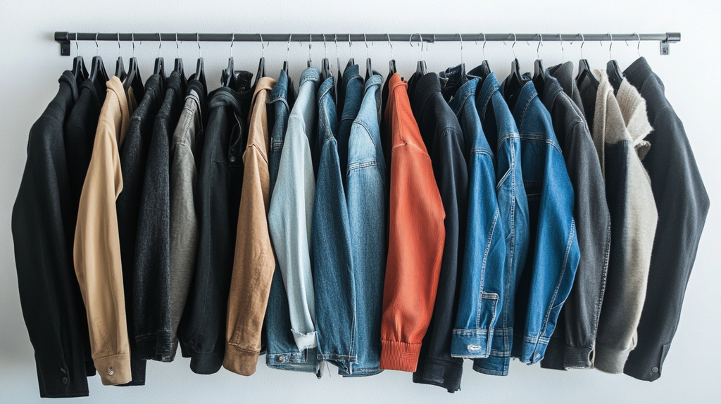 A neatly arranged clothing rack featuring a variety of basic outfits, including neutral-toned jackets, denim pieces, and casual essentials. A perfect display of basic clothing for a versatile and stylish wardrobe.