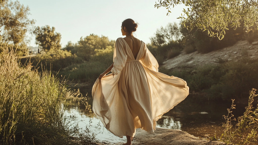 A woman gracefully walking by a river, wearing a flowing organic cotton dress in soft, neutral tones, embodying sustainable and nature-inspired fashion.