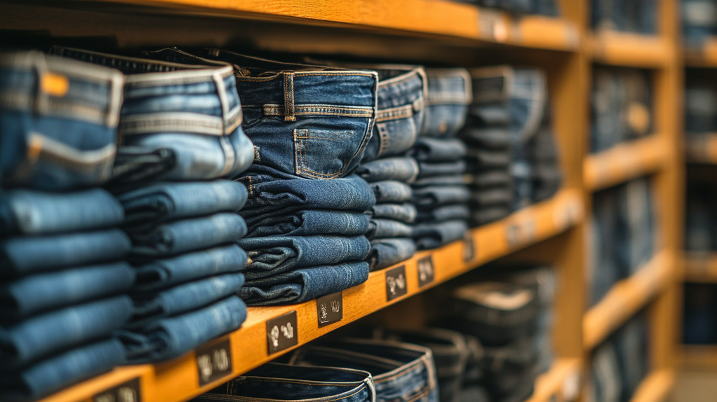 A neatly stacked display of denim jeans on wooden shelves in a clothing store, showcasing a variety of styles and washes for the best women's jeans collection.