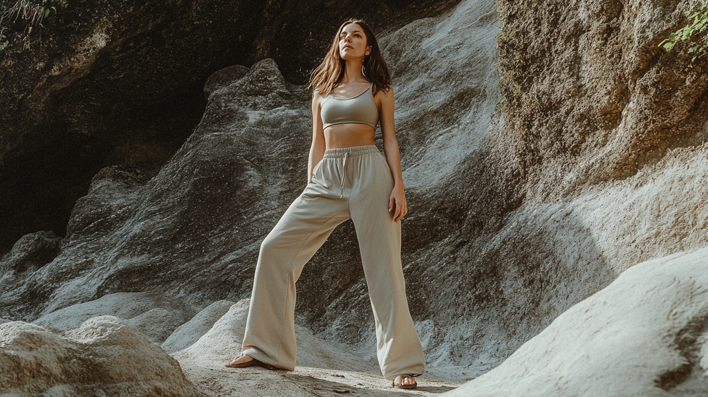 High-waisted comfortable pants for women in neutral tones, designed for effortless movement and breathability.