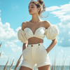 High-waisted sailor shorts paired with a puff-sleeve top - a chic retro summer clothes look for beach days or picnics.