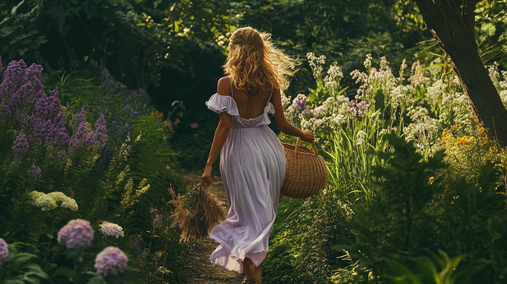 Model walking through a garden in a flowy lavender midi dress and straw bag - a classic summer colors clothes look inspired by the cool summer palette.