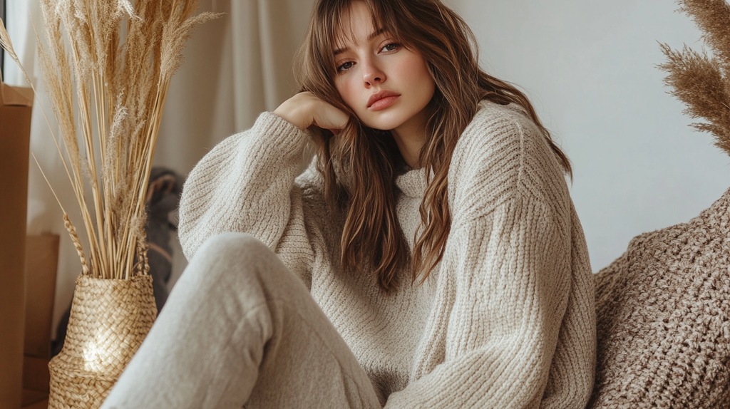 Soft joggers paired with a cozy sweater, ideal for relaxing at home in cute comfortable clothes.