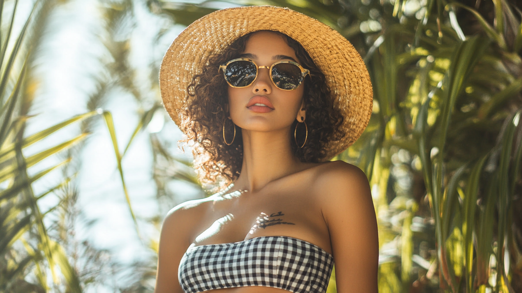 Woman wearing a gingham skirt and crop top with a straw hat - one of the best cute summer outfits for women for brunch or picnics.
