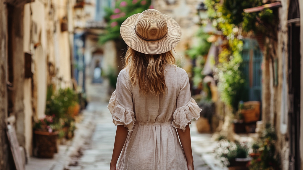 Woman wearing a linen midi dress and straw hat walking through a European street - a chic example of Europe summer outfits.