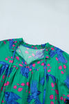 Abstract Floral Bird V-Neck Flounced Puff Sleeve Blouse