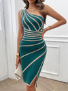 Women's Striped One Shoulder Dress Side Slit