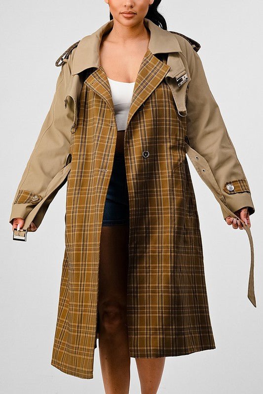 ATHINA PLAID AND KHAKI CONTRAST TRENCH COAT - KOKOTETE