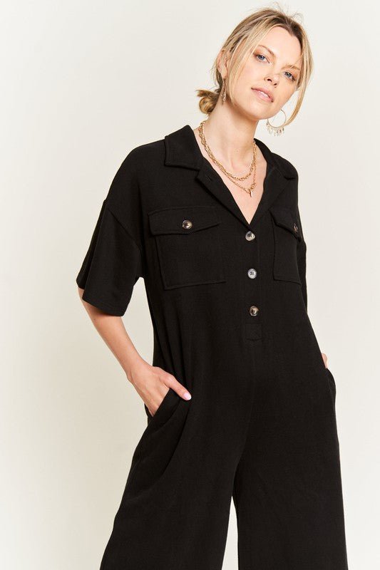 Basic Collar Shirt Wide leg Jumpsuit - KOKOTETE