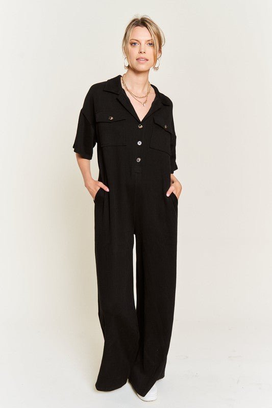 Basic Collar Shirt Wide leg Jumpsuit - KOKOTETE