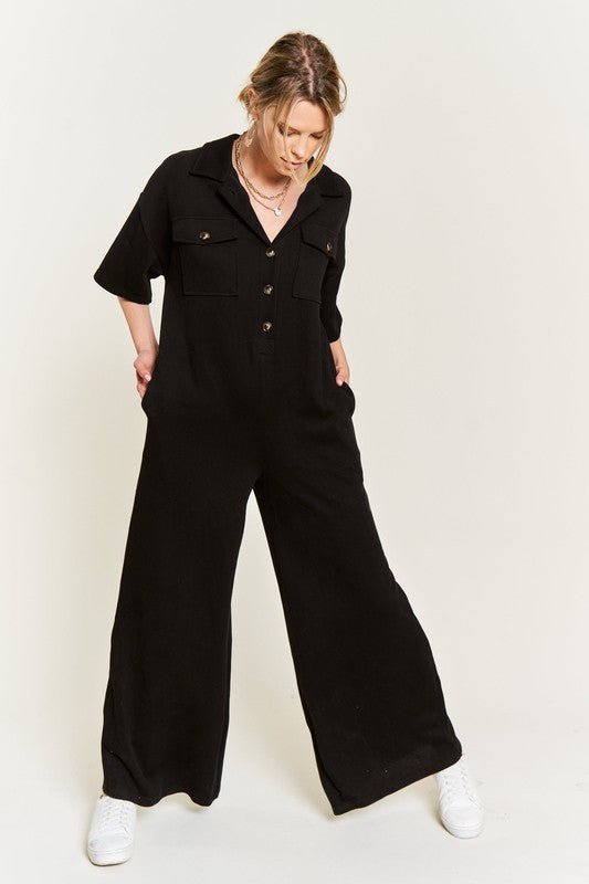 Basic Collar Shirt Wide leg Jumpsuit - KOKOTETE