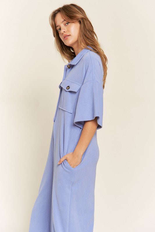 Basic Collar Shirt Wide leg Jumpsuit - KOKOTETE
