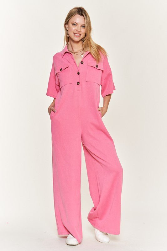 Basic Collar Shirt Wide leg Jumpsuit - KOKOTETE