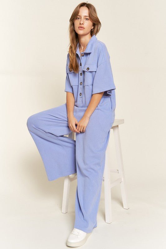 Basic Collar Shirt Wide leg Jumpsuit - KOKOTETE