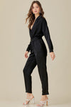 Belted Waist Collared Satin Jumpsuit - KOKOTETE