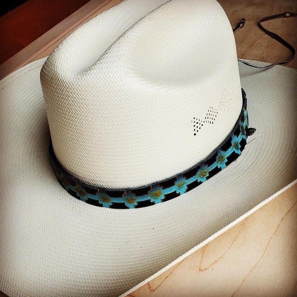 Blue Navajo Embossed Leather Hat Band - KOKOTETE
