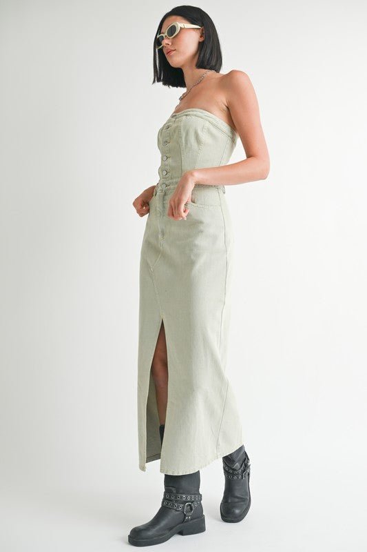 BUTTON UP TUBE DENIM DRESS WITH SLIT - KOKOTETE