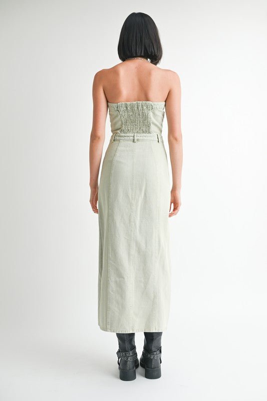 BUTTON UP TUBE DENIM DRESS WITH SLIT - KOKOTETE