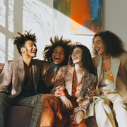 A candid moment capturing models of diverse ethnicities laughing and interacting while wearing Kokotete’s clothing. The group sits on a modern sofa in a cozy, sunlit studio, with garments ranging from classic blazers to relaxed jumpsuits. The image conveys empowerment, inclusivity, and a sense of community.