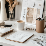A minimalistic workspace showcasing a design process. The image could feature a sketchpad with fashion illustrations, fabric swatches, and sewing tools neatly arranged on a sleek desk. A cup of coffee and a mood board in the background add warmth, hinting at the creative journey behind Kokotete's designs.