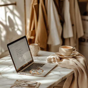 "Cozy workspace with a laptop, coffee cup, and neutral-toned clothing in the background.
