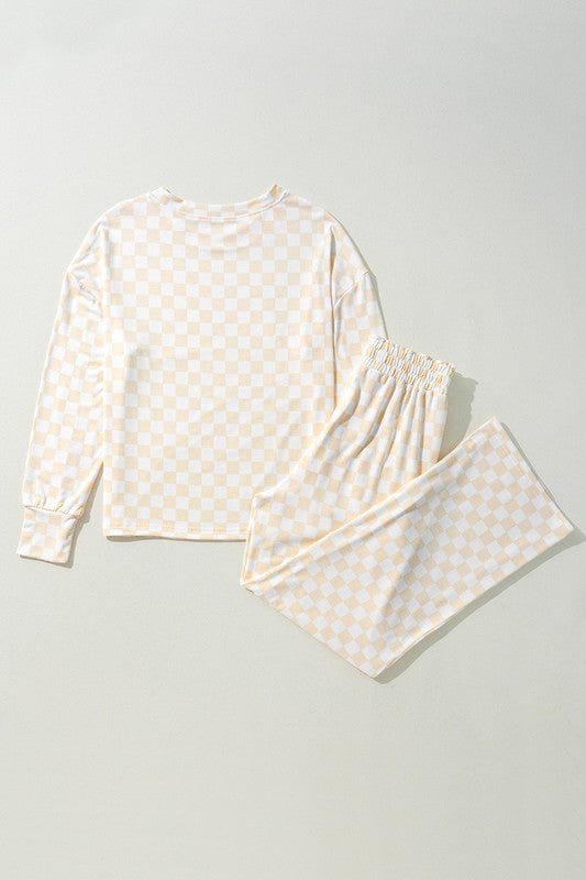 Checkered Print Long Sleeve Top Pants Lounge Set - KOKOTETE