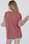 Color block stripe lantern sleeve side slit tunic - KOKOTETE