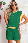 Contrast Trim Cap Sleeve Tee Shorts Set - KOKOTETE