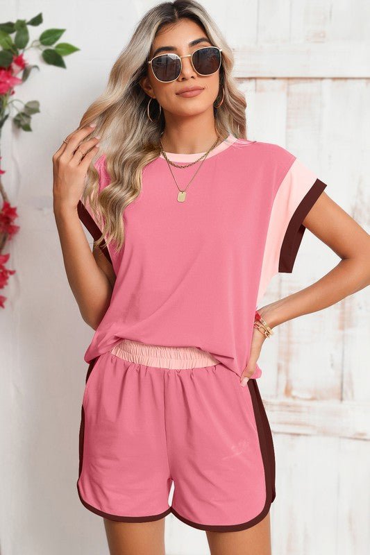 Contrast Trim Cap Sleeve Tee Shorts Set - KOKOTETE