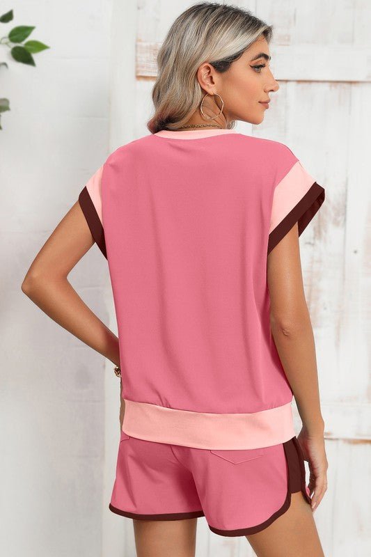 Contrast Trim Cap Sleeve Tee Shorts Set - KOKOTETE