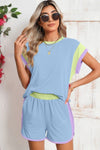 Contrast Trim Cap Sleeve Tee Shorts Set - KOKOTETE