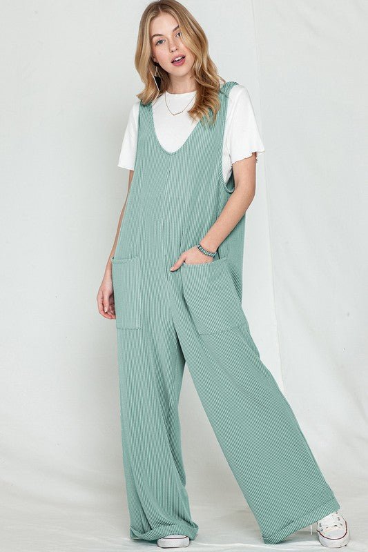 Corded Tie Straps V Neck Wide Leg Jumpsuit - KOKOTETE