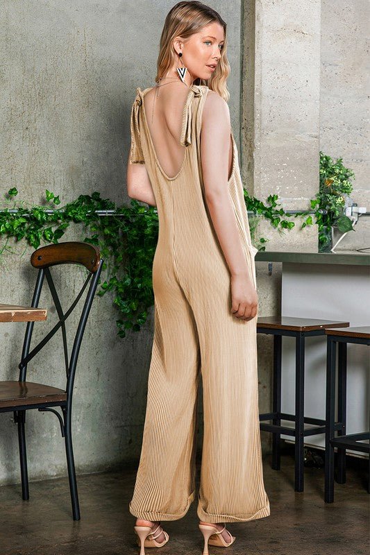Corded Tie Straps V Neck Wide Leg Jumpsuit - KOKOTETE