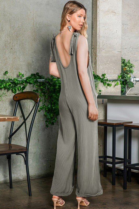 Corded Tie Straps V Neck Wide Leg Jumpsuit - KOKOTETE