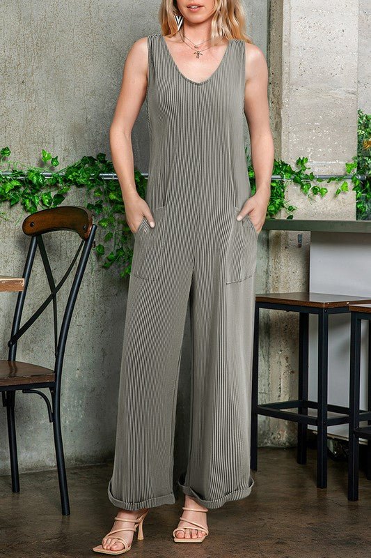 Corded Tie Straps V Neck Wide Leg Jumpsuit - KOKOTETE