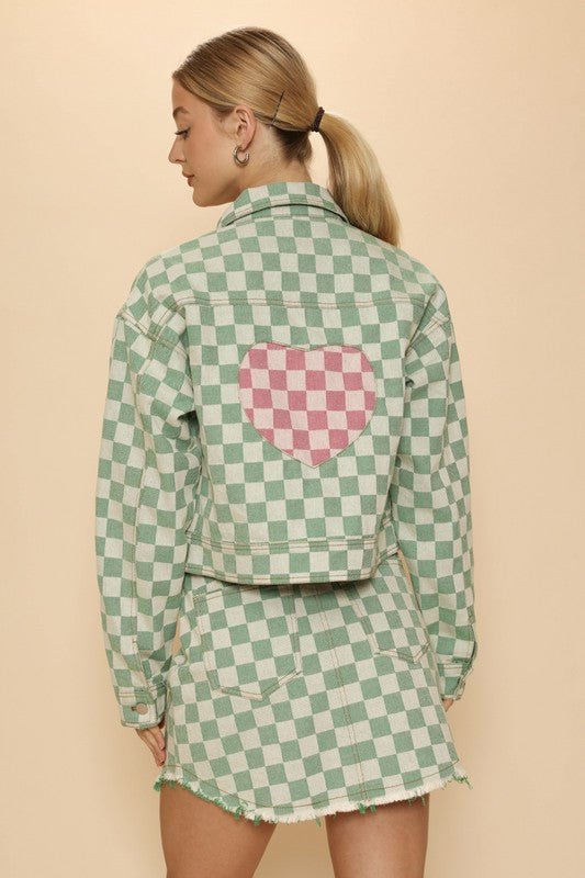 Cropped checkered heart denim jacket - KOKOTETE