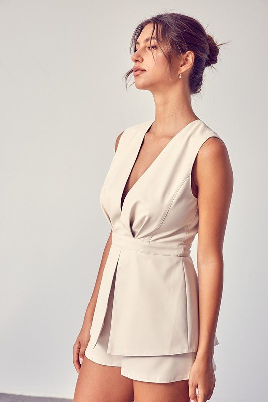 Deep V - Neck Open Back Romper - KOKOTETE
