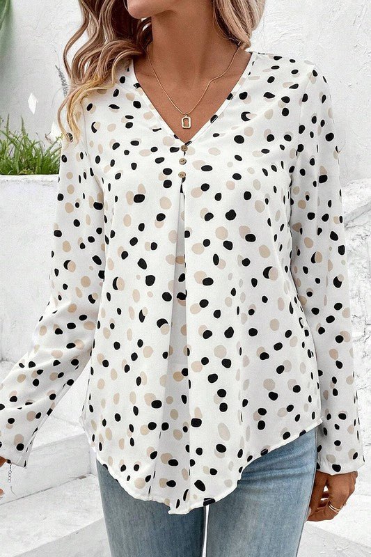 Dotted Print Button Front V Neck Blouse - KOKOTETE