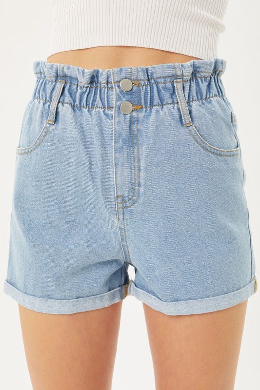 Double Buttoned Waistband Denim Shorts - KOKOTETE