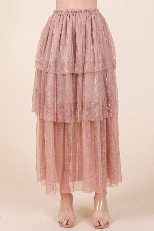 Elastic Waisted Embossed Mesh Tiered Ruffle Skirt - KOKOTETE
